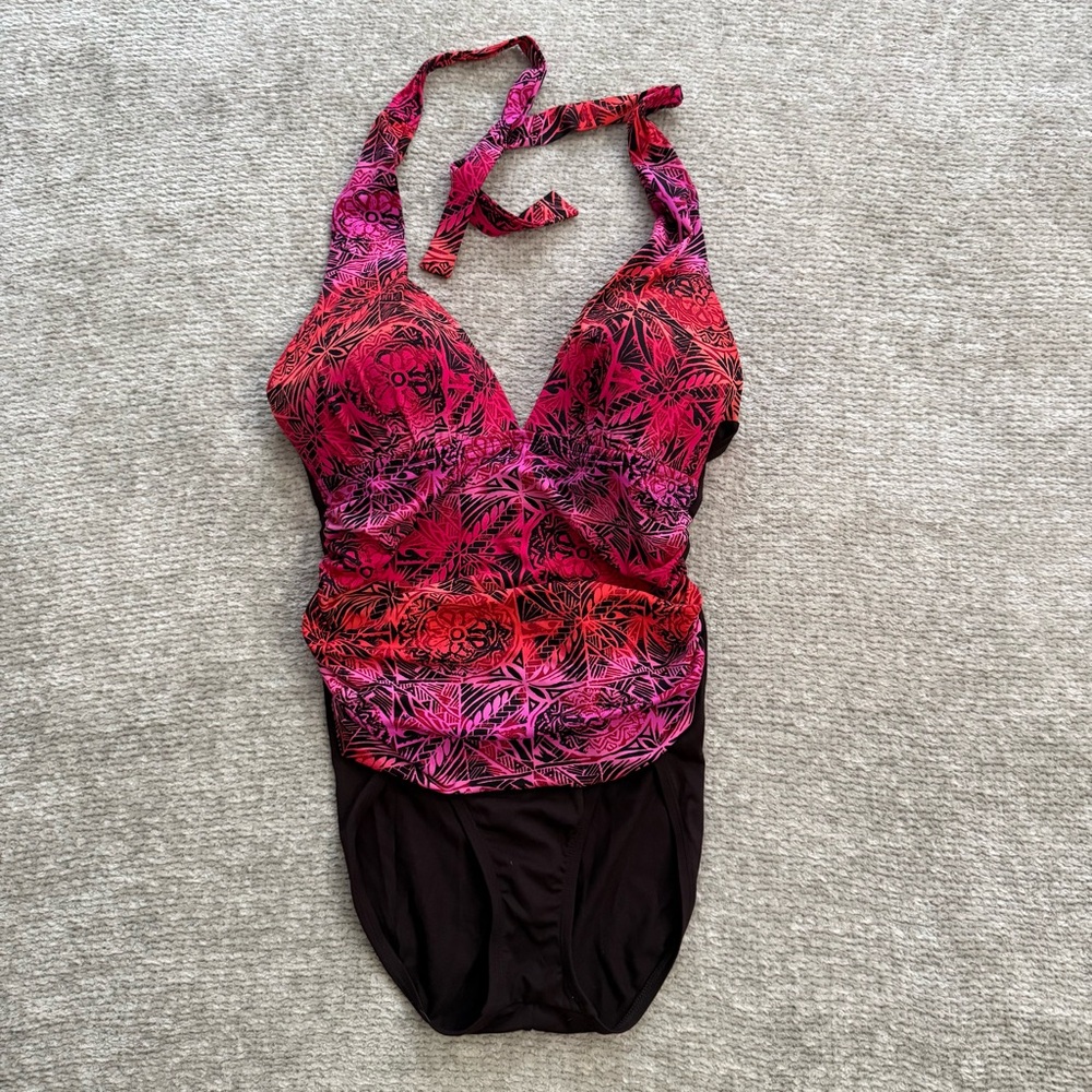 La Blanca Pink Red Chocolate Brown Halter Tankini One Piece Swimsuit Size‎ 12